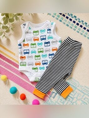 Offspring 3m Baby Transport Car Bus Print Bodysuit & Play Pant 3 Months Colorful